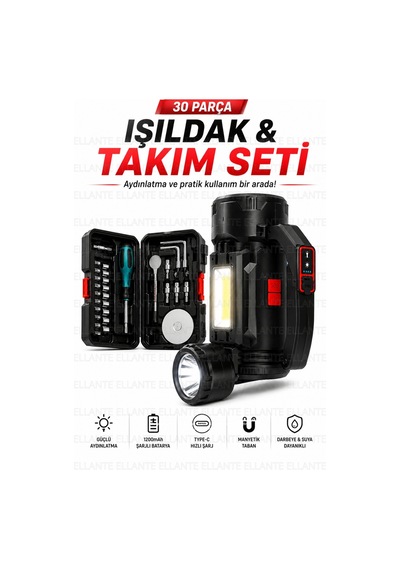 30 Parça Şarjlı Fener & Tamir Seti Güçlü Aydınlatma + Pratik El Aletleri