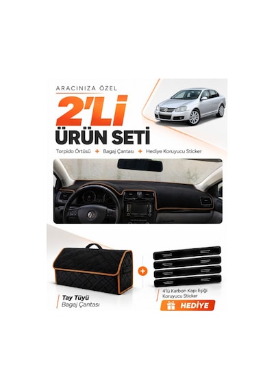 Volkswagen Jetta 2007-2011 Uyumlu Torpido Örtüsü + Tay Tüyü Çanta + Sticker - Siyah Kahverengi