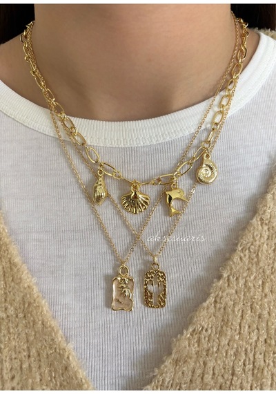 3'lü Gold Charm Deniz Kabuğu Mineli Kaktüslü Kolye Set Altın Altın