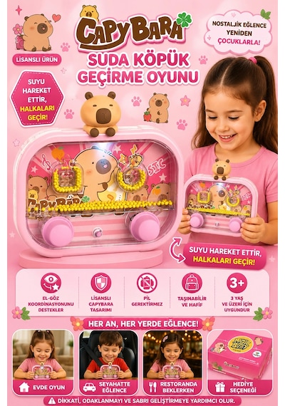 Halka Geçirme Oyunu Capybara Suda Nostaljik Işıklı Water Game Hediyelik Oyuncak Pembe 2586bc-cbpembe