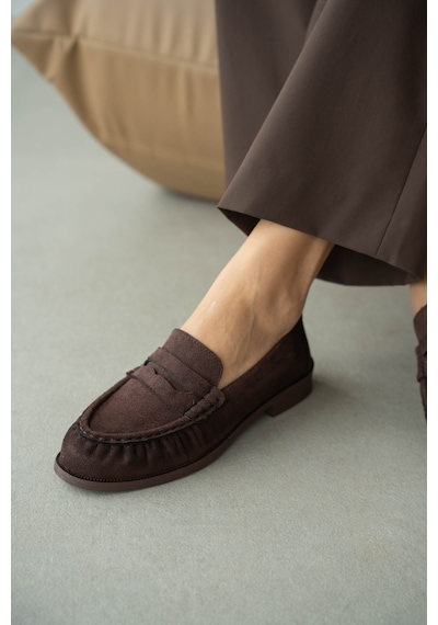 Selin Shoes Lurein Büzgülü Hafif Kalın Topuk Kadın Loafer- Kahve Süet Kahverengi