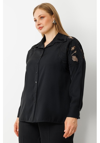 Moda İlgi Kadın Büyük Beden Nakış Detaylı Oversize Gömlek 0041 Siyah Siyah