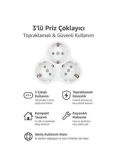 Tr Golyat 3'lü Topraklı Priz Çoklayıcı Fiş,16a, 250v Elektrik Değeri, Maksimum 3600w Güç Kapasitesi, Dayanıkl 0