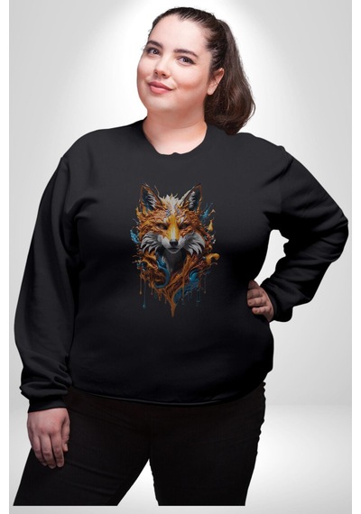 Renkli Sulu Boya Kurt Yapay Zeka Tasarımı Unisex Siyah Baskılı Sweatshirt Siyah