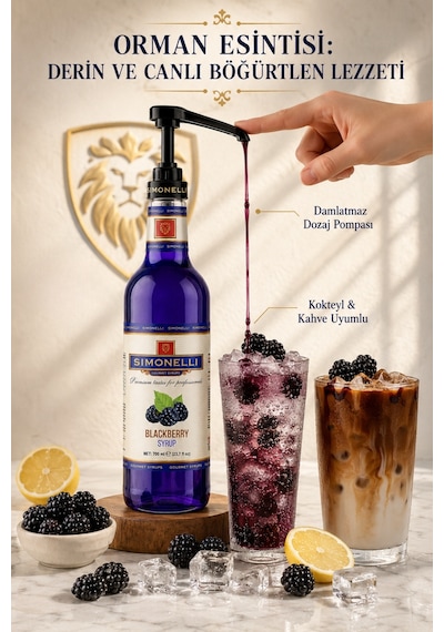 Simonelli Böğürtlen Aromalı Kahve ve Kokteyl Şurubu 700 ML + Şurup Pompası - Soğuk Kahve Mocktail Frozen Milkshake ve Limonata Şurubu
