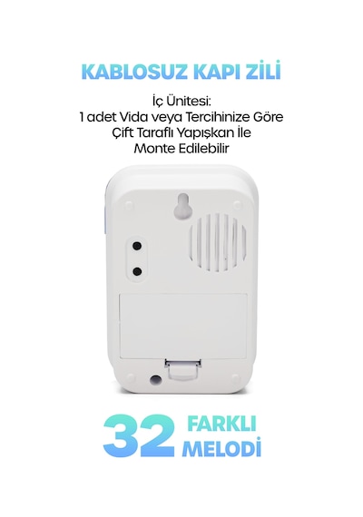 Kablosuz Uzaktan Kumanda Kapı Zili Işıklı Uzun Menzilli Pilli 32 Farklı Melodili Mavi-beyaz 9402