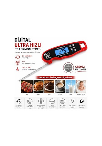 Okunan Mutfak Termometresi - Katlanabilir Arkadan Aydınlatmalı Lcd Ekran 240 Dönebilen Prob -50 C 300 C Aralığı