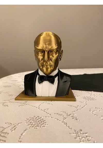 Riva Self Atatürk Büstü Özel Tasarım Gold Siyah Smokinli Biblo Heykel 3d - 10 Cm