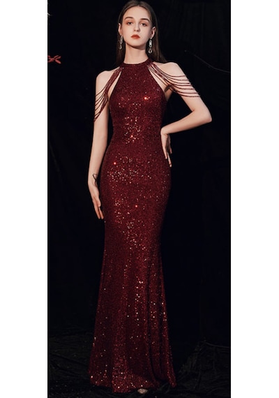 Hanife Glam Couture Hanife Glam Halter Yaka Taş Tasarımlı Pul Payet Abiye Elbise Bordo