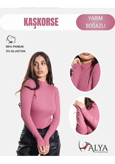 Alya Underwear Kaşkorse Yarım Boğaz Body Sweatshirt, Fitilli Kumaş, Likralı, Bordo Gül Kurusu