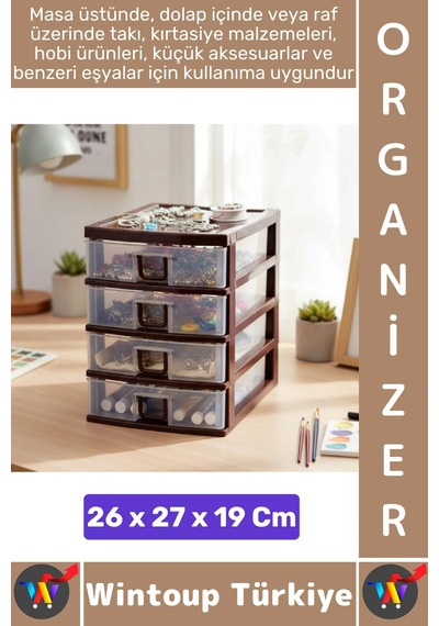 Takıorganizer Dayanıklı Plastik Masa Üstü Dolap Raf Küçük Eşya 4 Çekmeceli Komidin Mini Organizer Çok Renkli