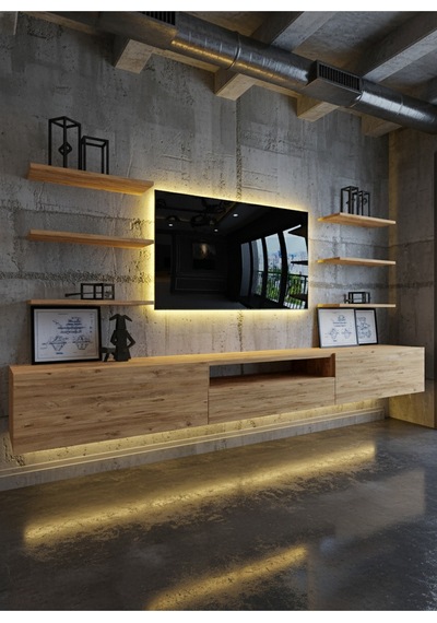 Resital Duvara Monte Ledli 270 Cm Tv Ünitesi Duvar Raflı - Ll6033 Atlantik Çam