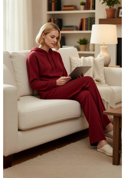 Benerly Kadın Kapüşonlu Düşük Kol Relaxed Kalıp Örme Pijama Takımı Uzun P bordo