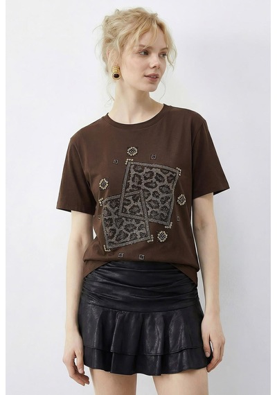Shade Kadın Taş Baskılı Leopar Desenli Bisiklet Yaka Regular Fit T-shirt 2209 60283975 - Kahverengi