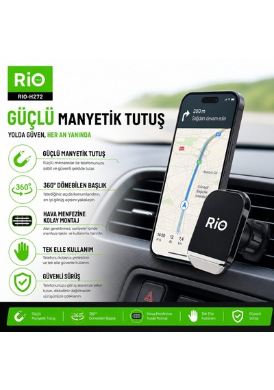 Flayse Rio Tech Araç Hava Kanalı Telefon Tutucu Manyetik 360 Derece Dönebilen