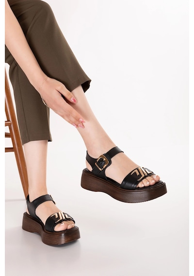 Gondol Hakiki Deri Platform Taban Sandalet Pkr.2401 Siyah