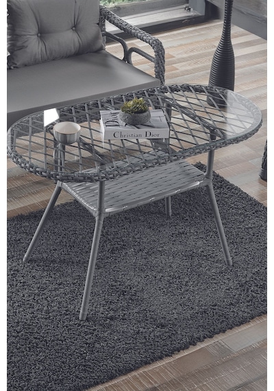 Rio Rattan Bahçe Balkon Oturma Takımı 2+1+1+camlı Masa Gri Gri