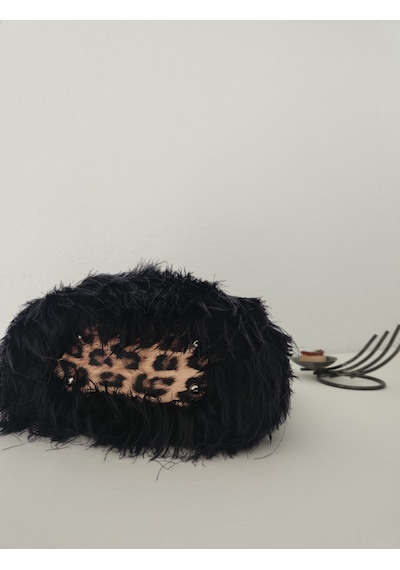 Fikriharika Design Gucci Model, Leopar Desenli, Siyah Tüylü, Kadın El Çantası Siyah