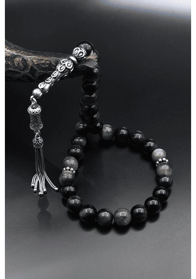 Doğal Obsidyen Taşlı Tesbih 925 Ayar Gümüş Püsküllü 10mm Küre Kesim 902618