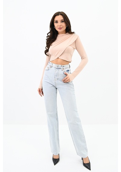 Koza Butik Kadın Dik Yaka Drapeli Kapaklı Crop Bluz 1655-24 001