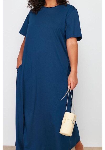Ersefa Moda Stil Relaxed Bisiklet Yaka Midi Boy Büyük Beden %100 Pamuk Ö Lacivert