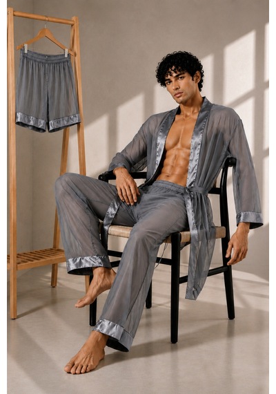 Qmen Style Erkek Şifon 3'lü Kimono - Pijama - Şort Seti Gri