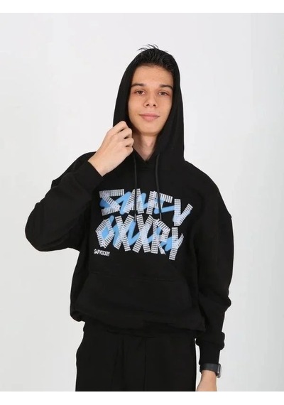 Marions Erkek Çocuk Yazı Detaylı 2 İplik Kapüşonlu Sweatshirt-15229 Siyah
