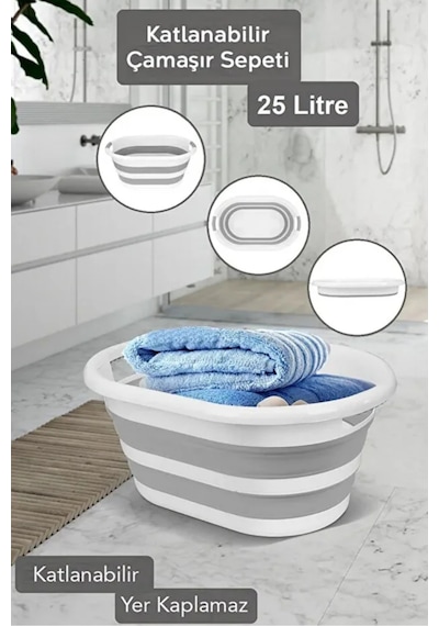 3'lü Set 25 Lt Katlanabilir Çamaşır Sepeti 6 Lt Katlanabilir Akordiyon Su Kovası 1,2 Lt Maşrafa Beyaz