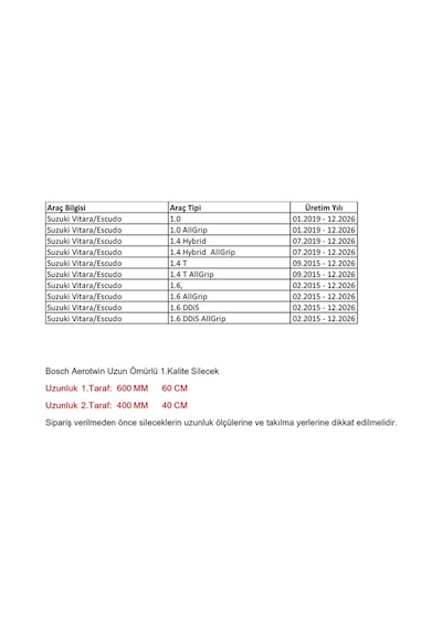 Suzuki Vitara/escudo 1.0/1.4/1.6 Aerotwin Ön Silecek Seti 60/40 Cm 02.2015 - 12.2026 Arası
