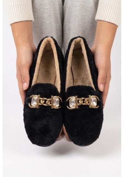 N Moda Panduf Gold Zincir Taşlı Aksesuarlı Kışlık Sıcak Tutan Yumuşak Tabanlı Kapalı Panduf Siyah N Moda Panduf Gold Zincir Taşlı Aksesuarlı Kışlık Sıcak Tutan Yumuşak Tabanlı Kapalı Panduf Siyah