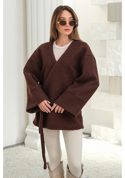 Olcay Önü Bağlamalı Buklet Kimono Ceket Kahve 8265