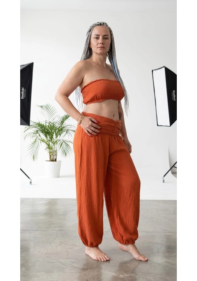 Byemelika %100 Pamuk, Bürümcük, Paça Lastik Detay Bohem Büstiyer & Pantolon Takım Turuncu Byemelika %100 Pamuk, Bürümcük, Paça Lastik Detay Bohem Büstiyer & Pantolon Takım Turuncu