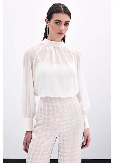 Sateen Taş Detaylı Transparan Bluz - Krem-135756 Krem