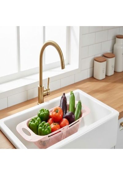 Sürgülü Pratik Ayarlanabilir Lavabo Süzgeci, Ayarlı Süzgeç, Meyve Sebze Salata Yıkama Süzgeci Pembe Çok Renkli