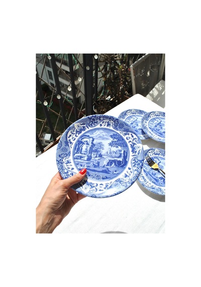 6'lı Özel Tasarım Premium Seramik 20 Cm Pasta Tabağı Takımı Mavi Tatlı Tabak -old Town Lacivert
