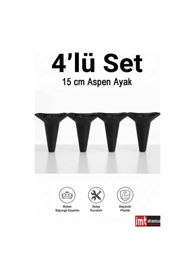 Aspen 15 Cm Siyah 4'lü Set Koltuk Baza Dolap Tv Ünitesi Yatak Odası Konsol Ayağı Beyaz