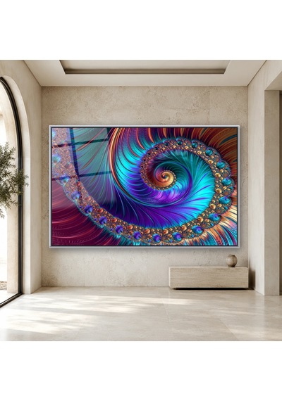 Mor Turkuaz Renkli Spiral Fraktal Kompozisyon Gümüş Çerçeveli Cam Tablo