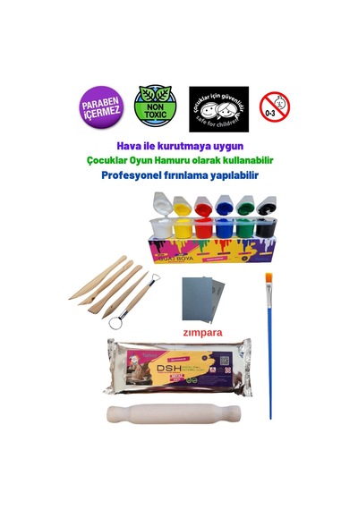 Seramik Hamuru Başlangıç Seti 9 -guaj Boya, Ebeşuar, Merdane, Fırça, 1000gr Beyaz Doğal Kil, Zımpara