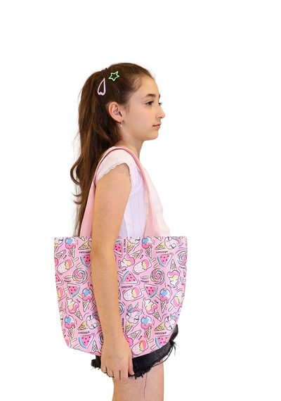 İcone Bag Desenli Kız Çocuk Plaj Çantası, Baskılı Çocuk Günlük Çanta Pembe