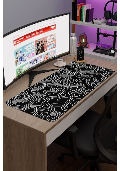 Siyah Beyaz 90x40 Xxl Taraftar Gaming Oyuncu Mouse Pad Kaymaz Taban Büyük Fare Altlığı Topography