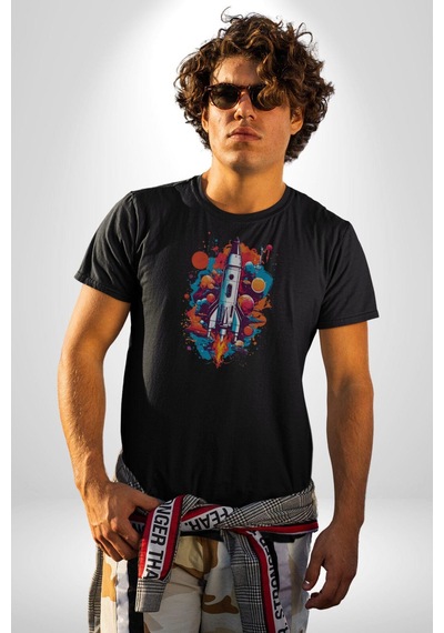 Uzay Aracı Roket Unisex Unisex Siyah Organik Baskılı T-shirt Penye Yüksek Kalite Siyah