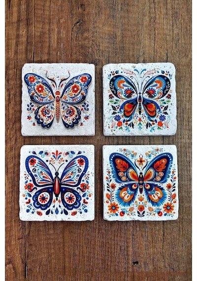 Doğal Taş Bardak Altlığı 4'lü Set 10x10x1 Cm Renkli Kelebek Desenler -stone Coasters Çok Renkli