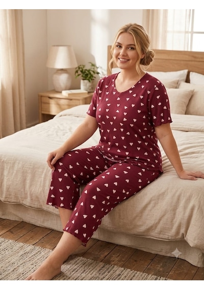 Büyük Beden Kısa Kol Pamuklu Ultrasoft Likralı Kapri Pijama Takımı 8652 Bordo