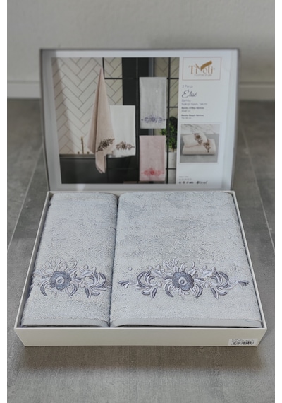 2'li Nakışlı & Bambu Banyo Havlu Seti - Çiçek Nakışlı Gri