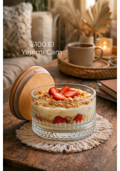 El Yapımı Cam, 4'lü Set Yuvarlak, Kahvaltılık Ve Çerezlik Bambu