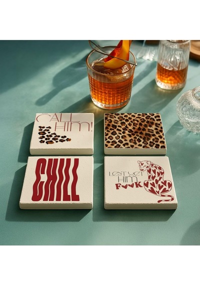 Arslart Leopar Desenli Ve Motivasyon Doğal Taş Bardak Altlığı 4'lü Set, Şık Masa Sunum Ürünü Diğer