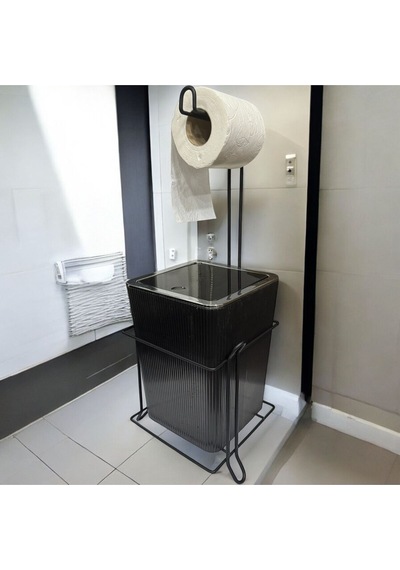 Suntel Lüks Banyo Mutfak Çöp Kovası Metal Standlı Tuvalet Kağıtlık Seti Siyah