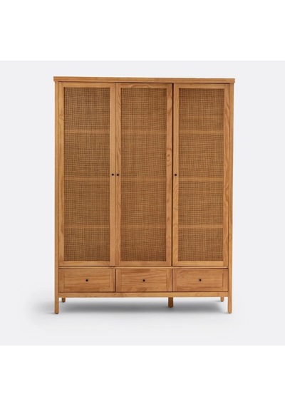 Altea Rattan Detaylı Geniş Masif Gardrop Ahşap