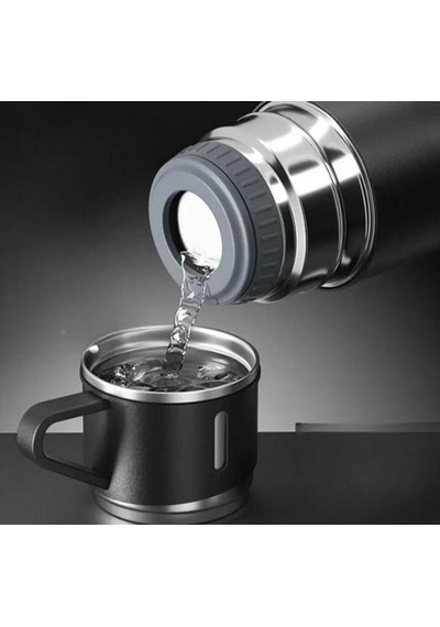 Zhltools Üç Bardaklı Kutulu Paslanmaz Termos Seti Siyah 500 Ml Çelik Termos Siyah