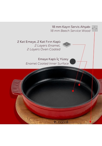 Lava Döküm Yuvarlak Güveç Kabı Döküm Demir Yekpare Çift Kulplu Kayın Servis Ahşabı Çap Ø 17cm.-bordo Bordo